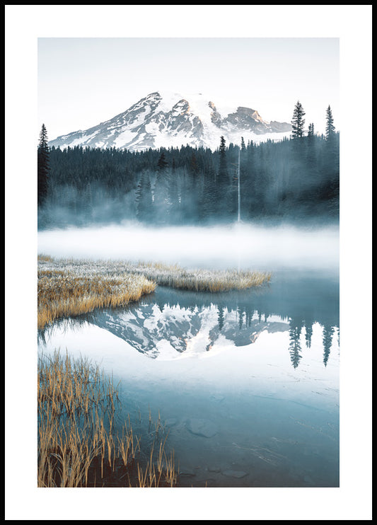 Watercolor blue foggy lake poster for nursery and home wall decor.