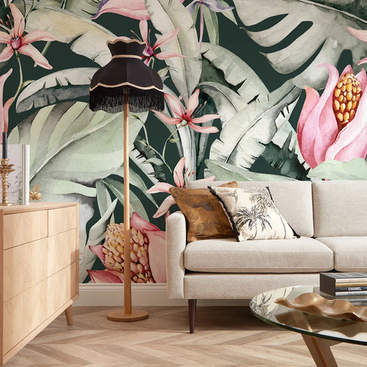 Chic Charcoal, Green, and Pink Exotic Floral Mural