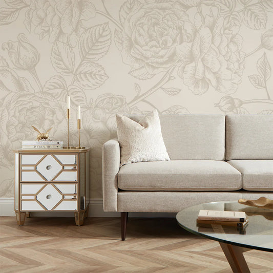 Soft Roses Wall Mural in Mushroom and Cream