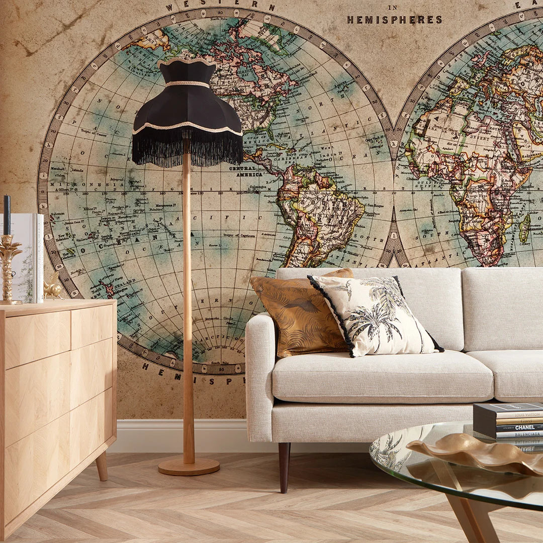 Earthy Toned Hemisphere Map Wall Mural - High Quality Wallpaper by Wonderwallsboutique