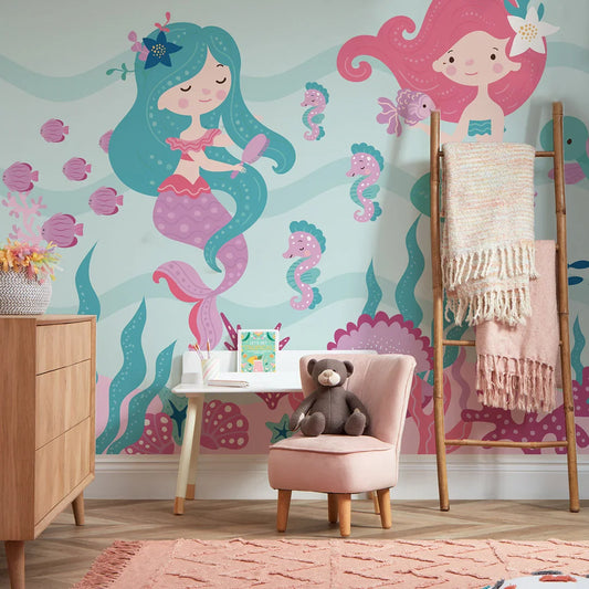 Enchanting Pink and Teal Mermaid Mural