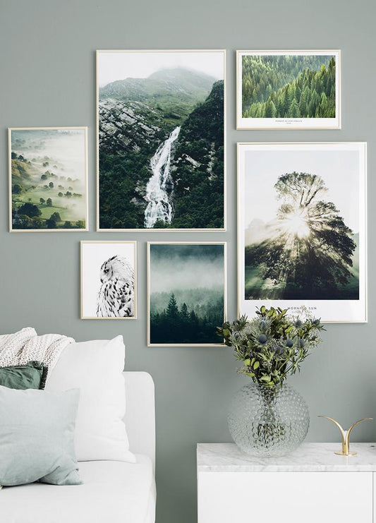 Watercolor tree top fog poster for nursery and home wall decor.