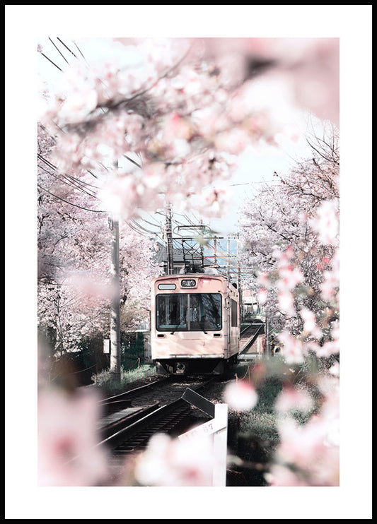 Watercolor cherry blossom train poster for nursery and home wall decor.