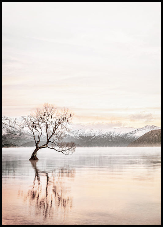 Watercolor lake mirror poster for nursery and home wall decor.