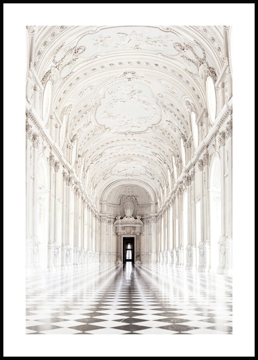 Watercolor palace hallway poster for nursery and home wall decor.
