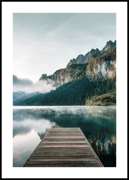 Watercolor morning by the lake poster for nursery and home wall decor.