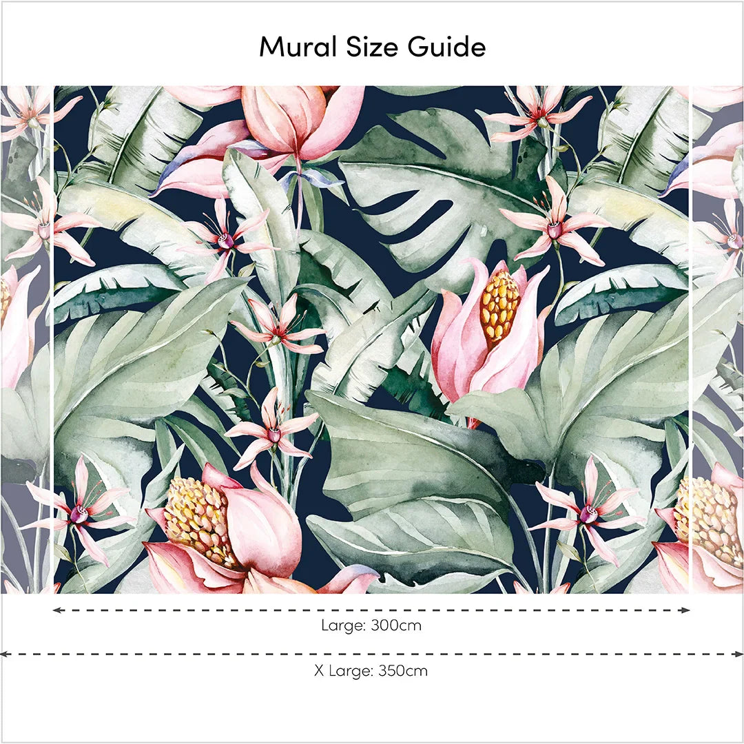 Navy, Green, and Pink Exotic Flowers Wall Mural