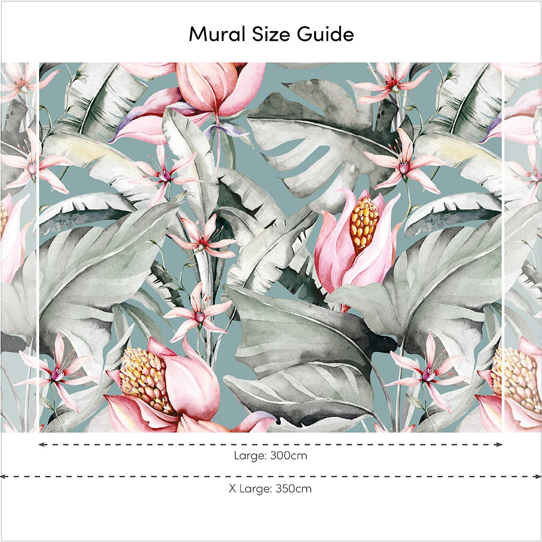 Vibrant Exotic Flower Mural in Teal, Green, and Pink