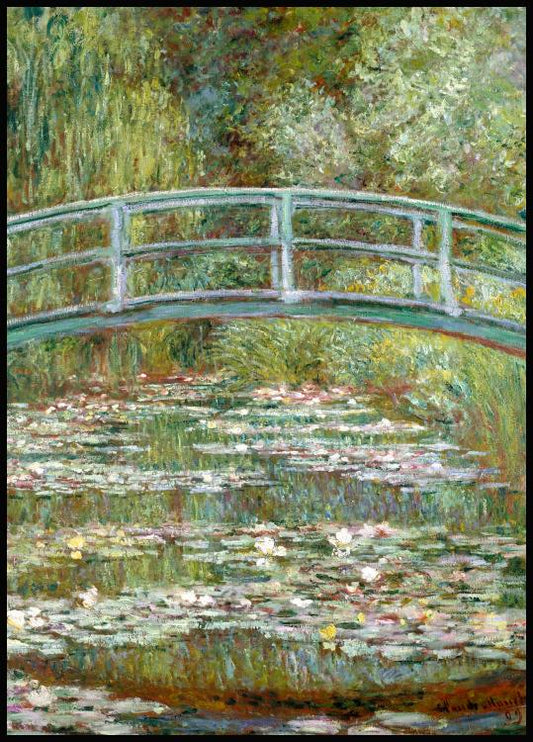 Watercolor claude monet bridge over a pond poster for nursery and home wall decor.