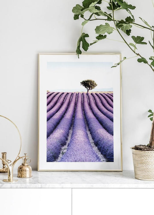 Watercolor lavender field tree poster for nursery and home wall decor.