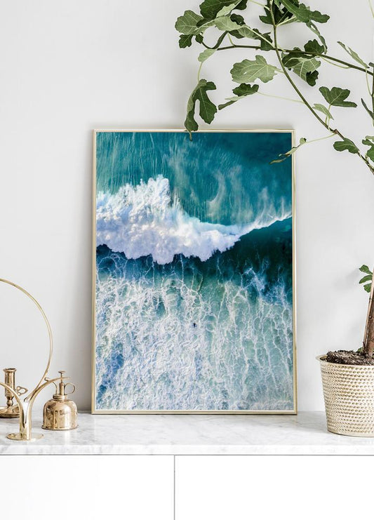 Watercolor surfers wave poster for nursery and home wall decor.