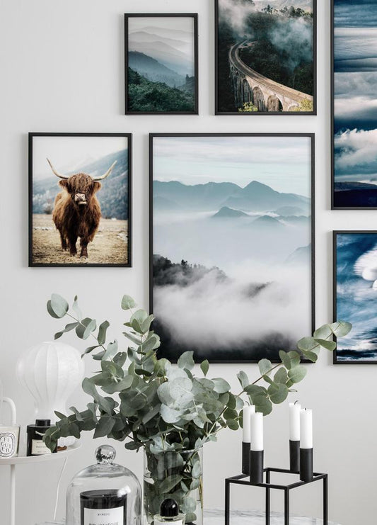 Watercolor misty mountains poster for nursery and home wall decor.