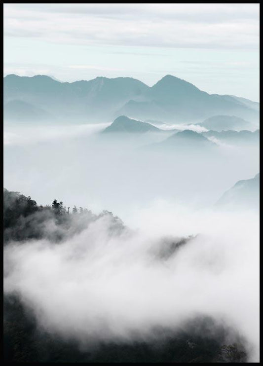 Watercolor misty mountains poster for nursery and home wall decor.