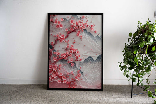 3D Japanese Cherry Blossom Mountain Scenery Asian Style Poster | Wall Art for Home & Office | High-Quality Print