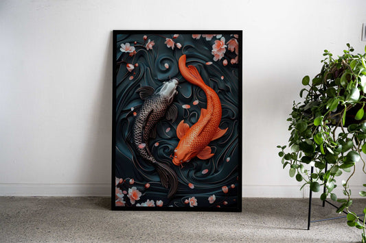 3D Relief Yin Yang Koi Asian Style Poster | Wall Art for Home & Office | High-Quality Print