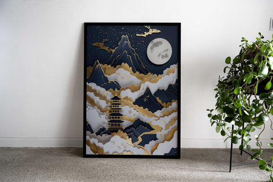 3D Textured Japanese Pagoda Landscape Asian Style Poster | Wall Art for Home & Office | High-Quality Print