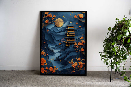 3D Textured Japanese Pagoda Asian Style Poster | Wall Art for Home & Office | High-Quality Print
