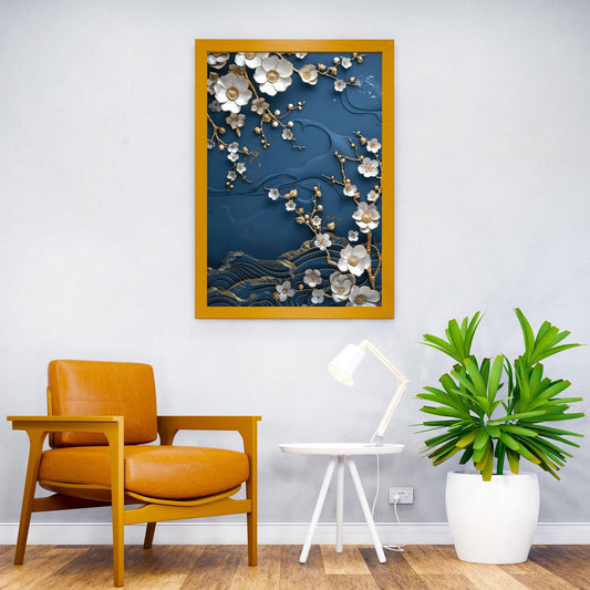 3D White Cherry Blossoms on Navy Blue Asian Style Poster | Wall Art for Home & Office | High-Quality Print