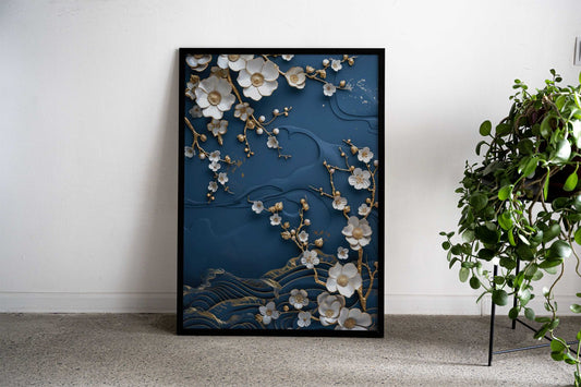 3D White Cherry Blossoms on Navy Blue Asian Style Poster | Wall Art for Home & Office | High-Quality Print