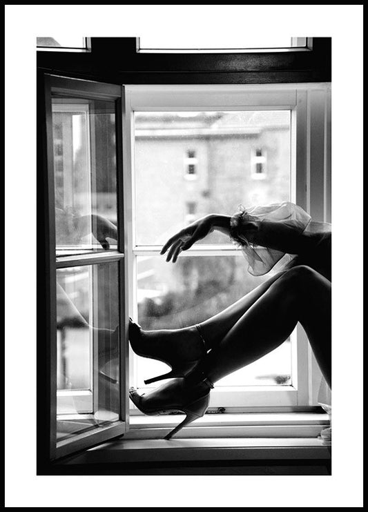 Watercolor window high heels poster for nursery and home wall decor.