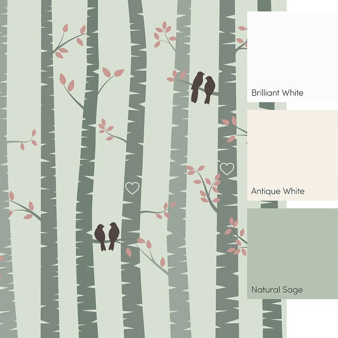 Sage Green Lovebirds Wall Mural | Romantic Nature-Inspired Design | Removable Wallpaper for Bedroom, Nursery, or Living Room Decor