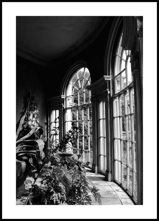 Watercolor greenhouse windows poster for nursery and home wall decor.