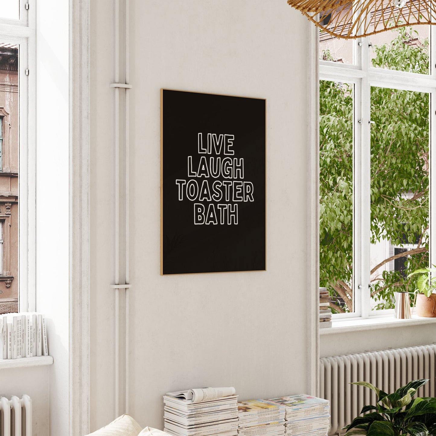 Live Laugh Toaster Bath | Cream Outline and Black | Art Print - High-Quality Premium Wall Art Decor Sticker