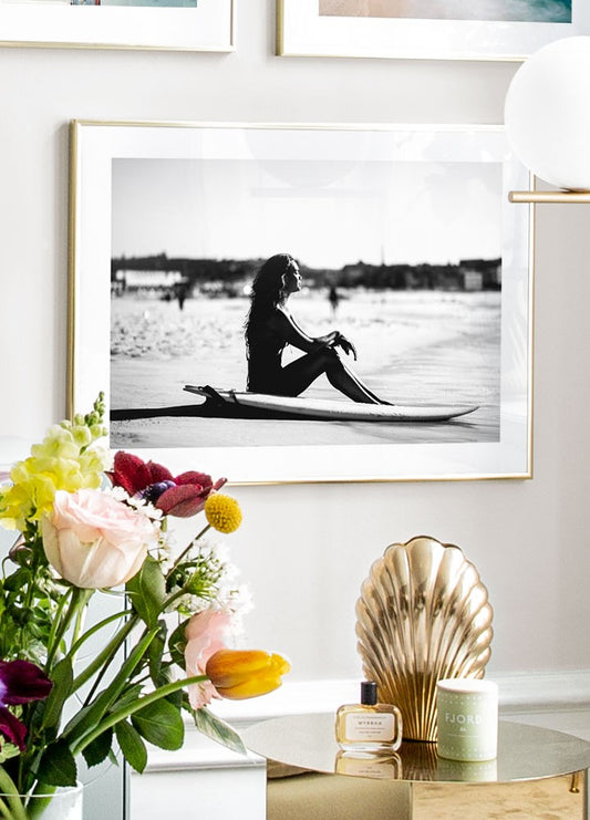 Watercolor surfer on the beach poster for nursery and home wall decor.