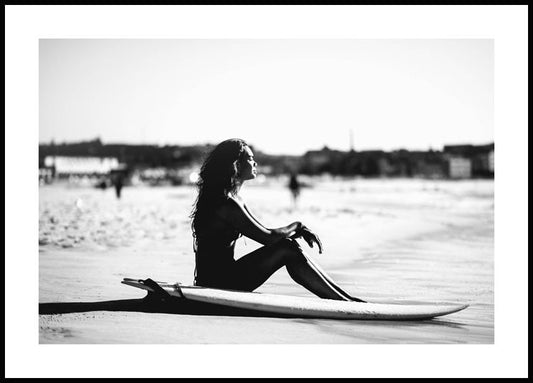 Watercolor surfer on the beach poster for nursery and home wall decor.
