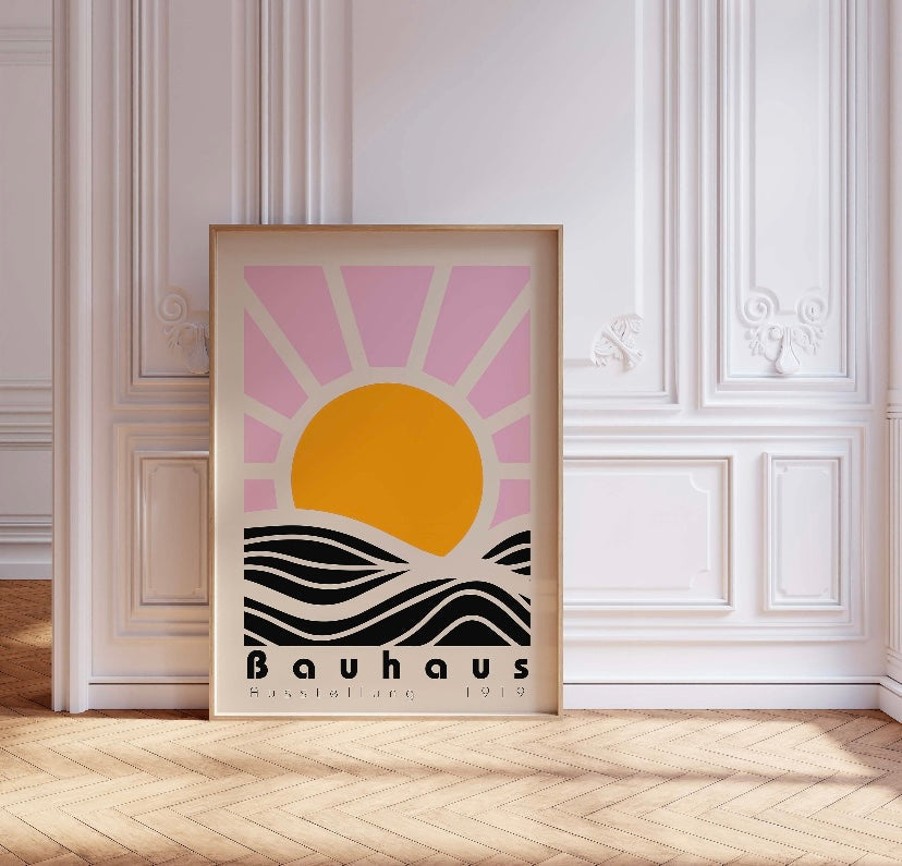 Bauhaus-Inspired Minimalist Pink Sun Art - High-Quality Premium Wall Art Decor Sticker