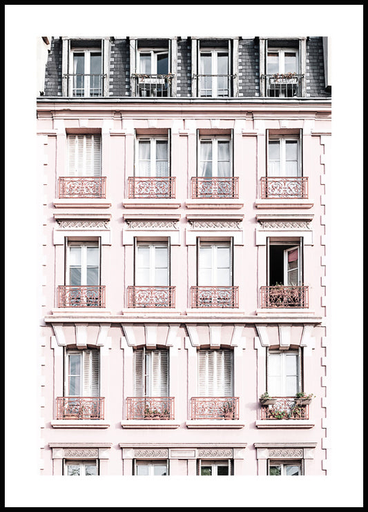 Watercolor pink facade poster for nursery and home wall decor.