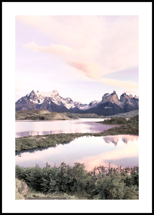 Watercolor mountains and calm lake poster for nursery and home wall decor.
