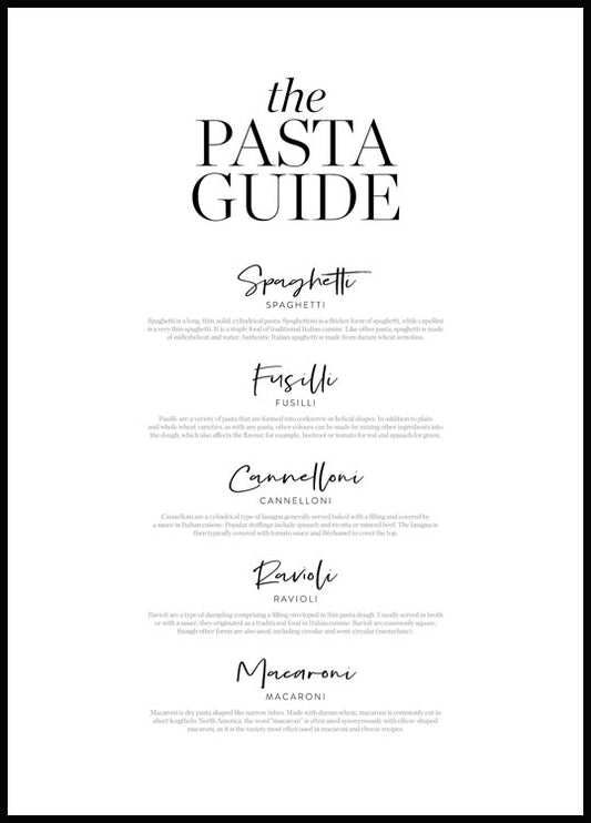 Watercolor pasta guide poster for nursery and home wall decor.