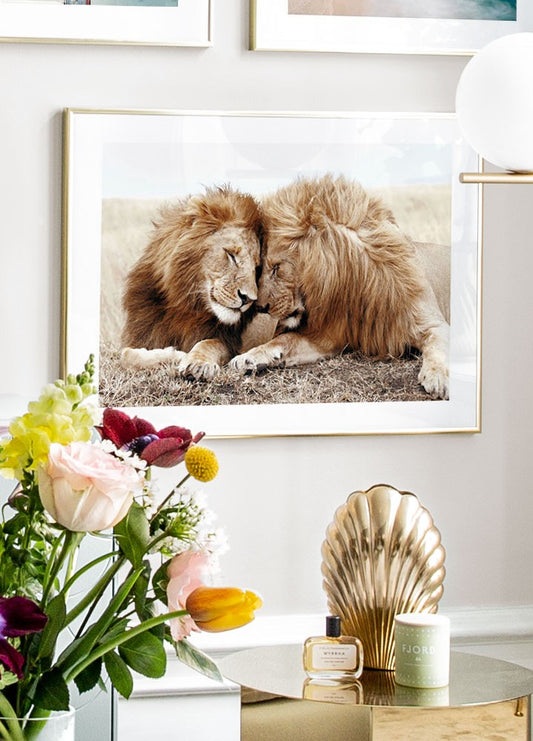Watercolor lion brothers poster for nursery and home wall decor.