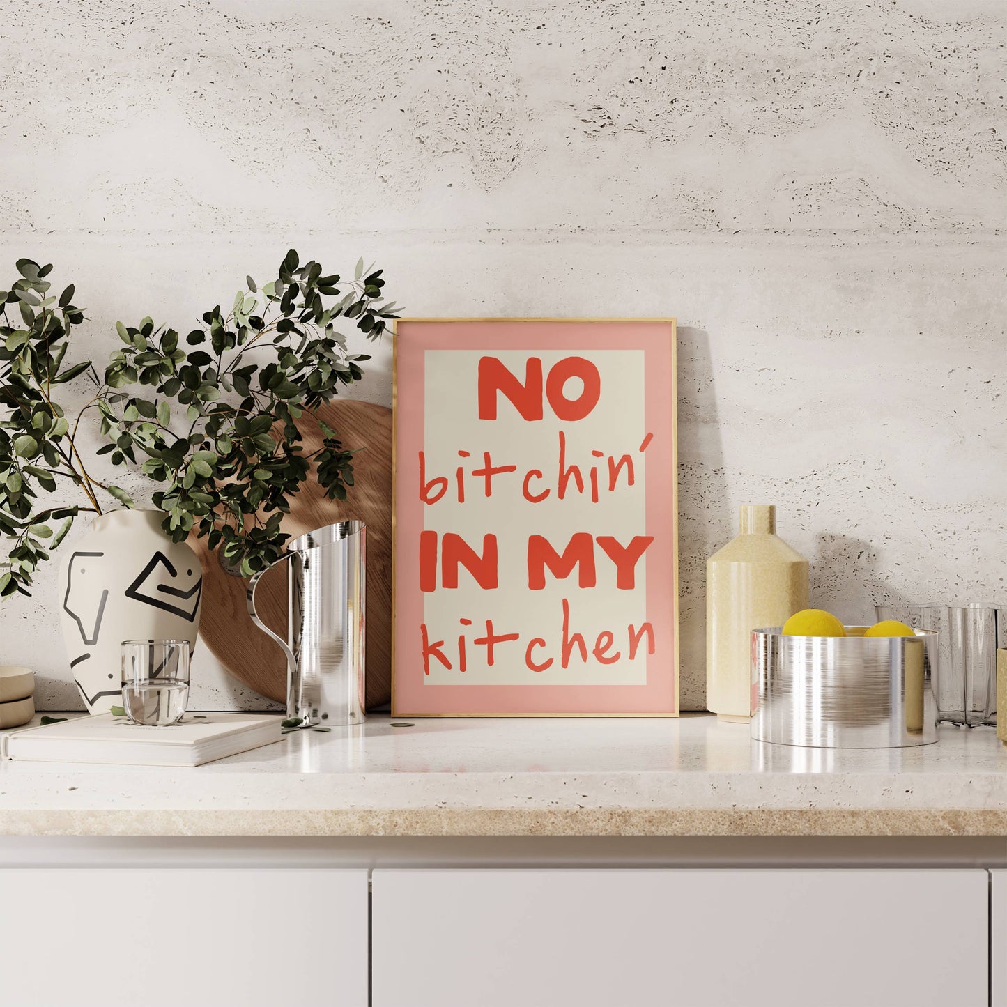 No Bitchin' In My Kitchen | Red and Pink | Art Print - High-Quality Premium Wall Art Decor Sticker