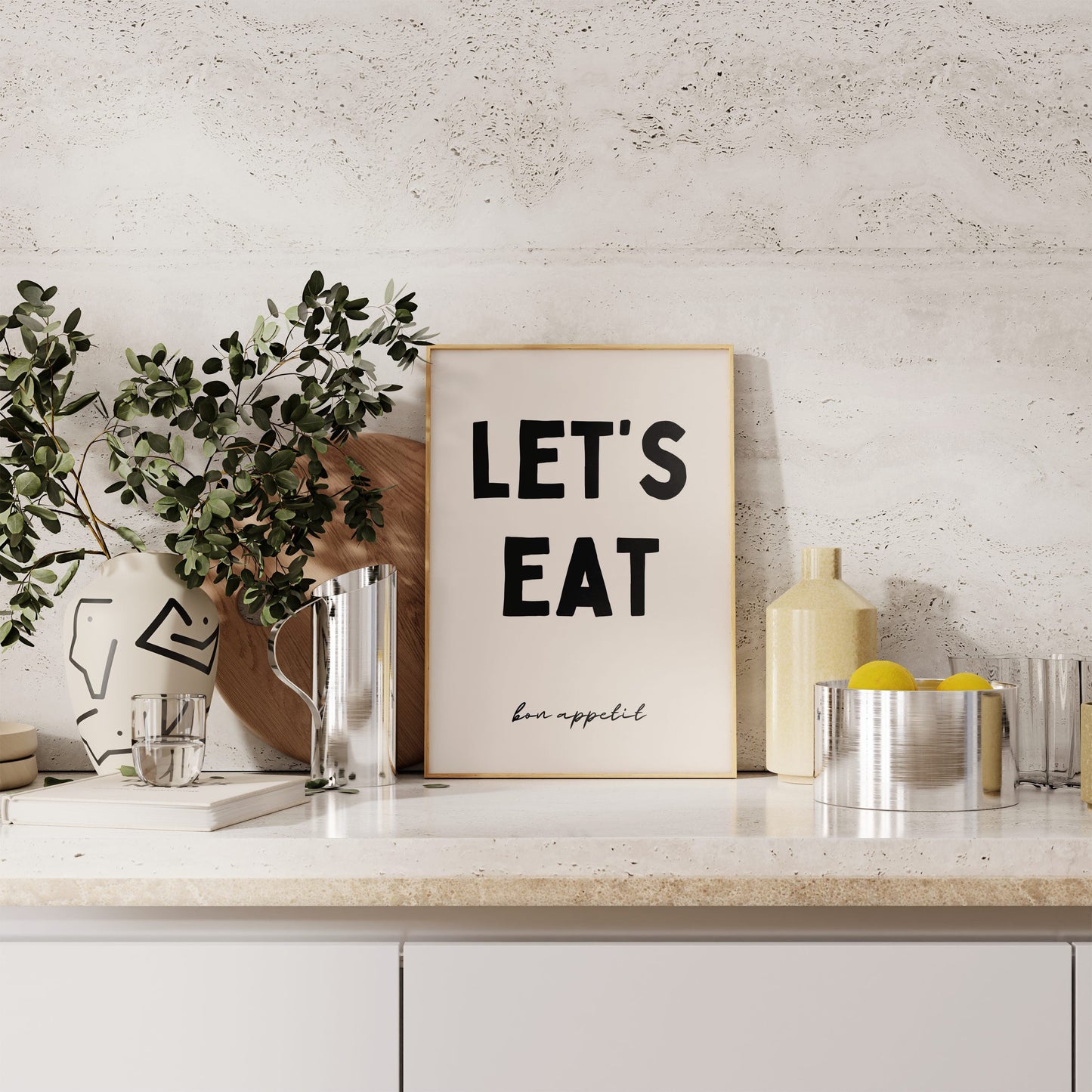 Let's Eat. Bon Appetit | Black and Cream | Art Print - High-Quality Premium Wall Art Decor Sticker