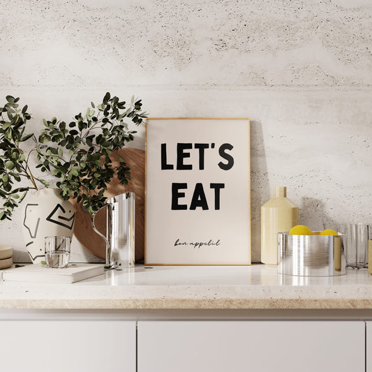 Let's Eat. Bon Appetit | Black and Cream | Art Print - High-Quality Premium Wall Art Decor Sticker