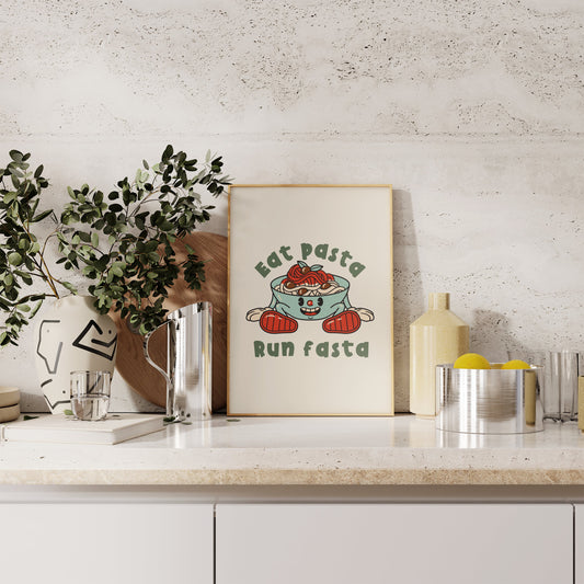 Eat Pasta Run Fasta | Retro | Green and Cream | Art Print - High-Quality Premium Wall Art Decor Sticker
