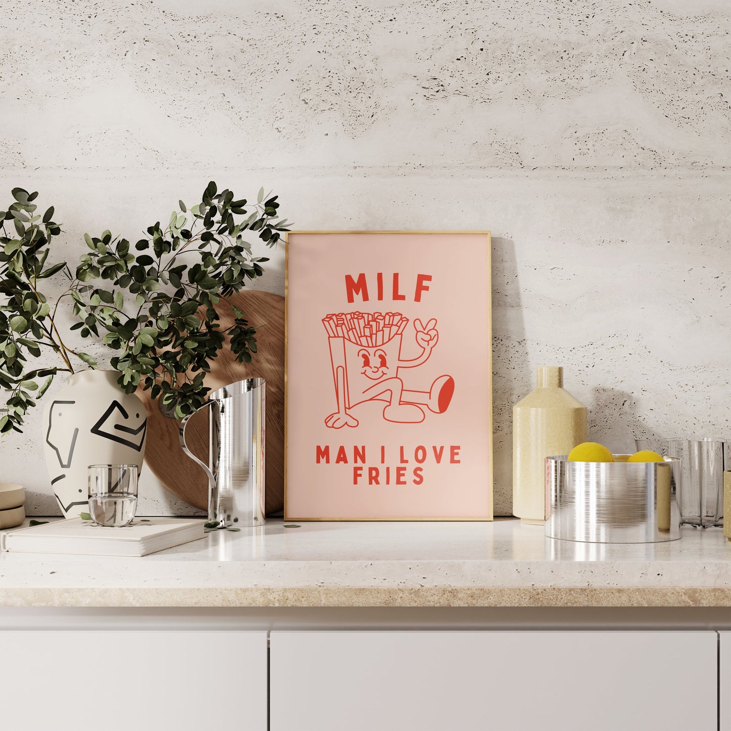 Milf. Man I Love Fries | Red Orange and Peach | Art Print - High-Quality Premium Wall Art Decor Sticker