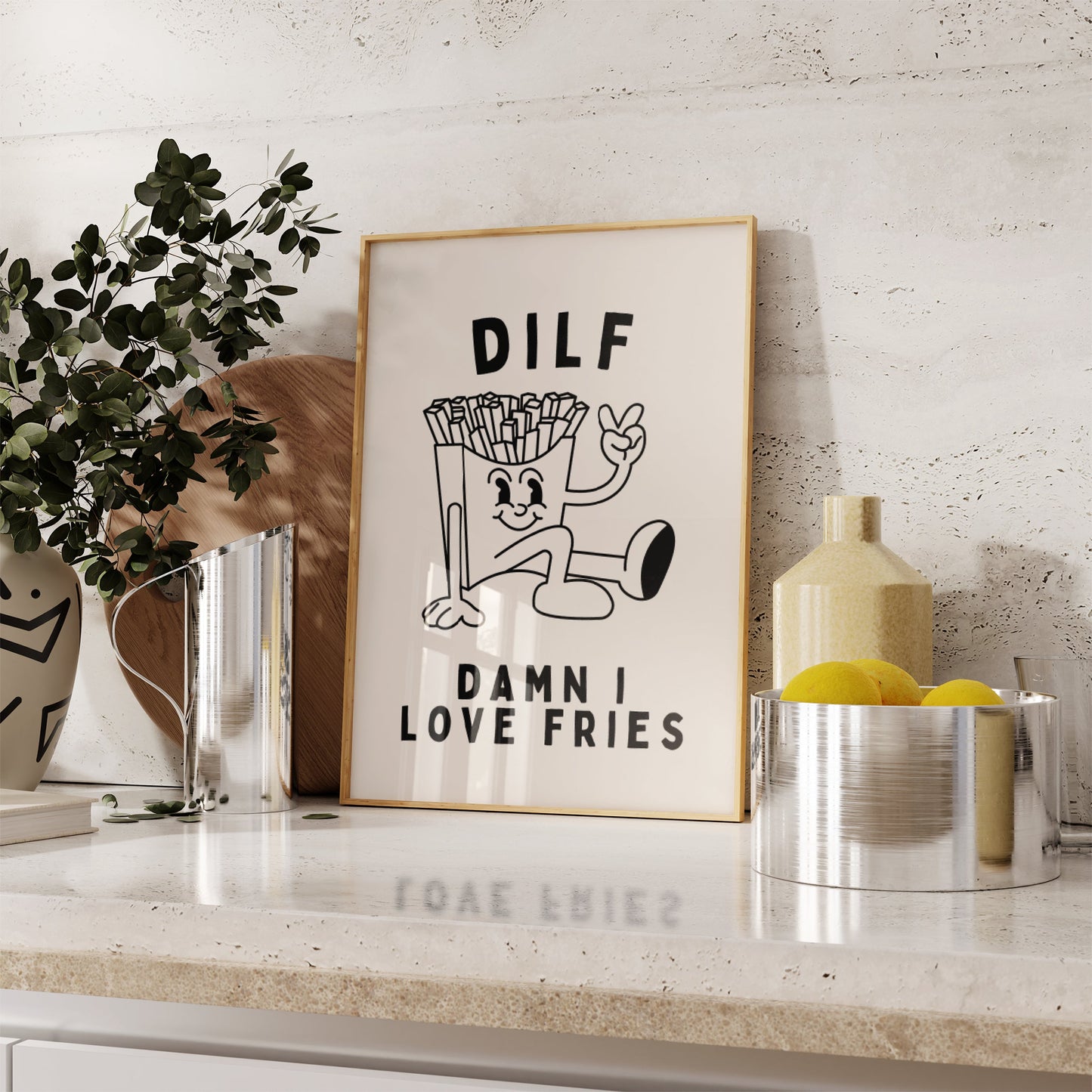 Dilf. Damn I Love Fries | Black and Cream | Art Print - High-Quality Premium Wall Art Decor Sticker