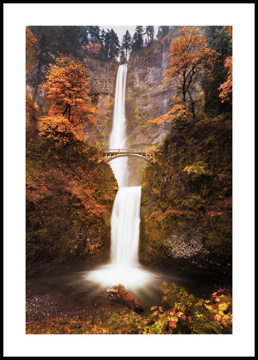 Watercolor waterfall in autumn poster for nursery and home wall decor.