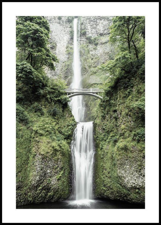 Watercolor waterfall bridge poster for nursery and home wall decor.