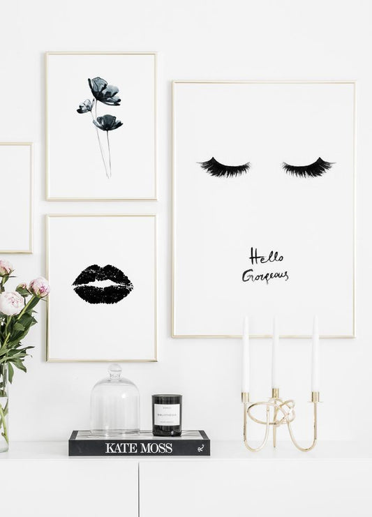 Watercolor black lips poster for nursery and home wall decor.