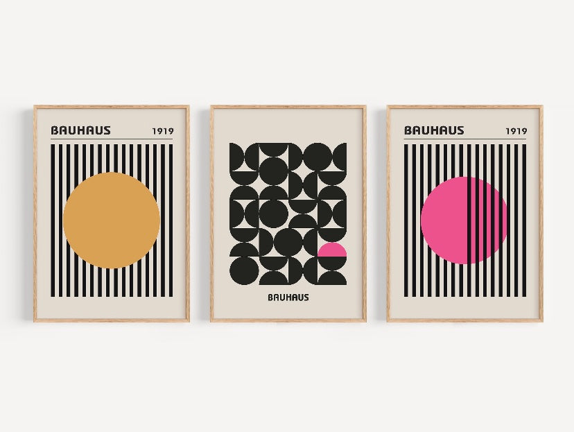 Bauhaus-Inspired Geometric Print Set in Orange and Pink - High-Quality Premium Wall Art Decor Sticker