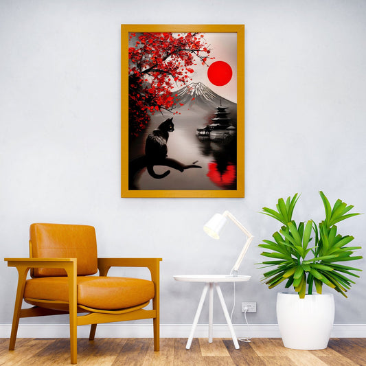 Abstract Fuji mountain feline serene painting Asian Style Poster | Wall Art for Home & Office | High-Quality Print