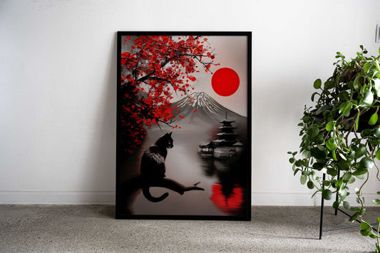 Abstract Fuji mountain feline serene painting Asian Style Poster | Wall Art for Home & Office | High-Quality Print