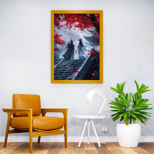Anime Couple in Red Autumn Asian Style Poster | Wall Art for Home & Office | High-Quality Print