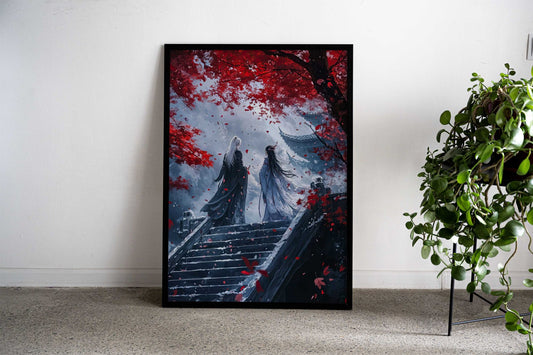 Anime Couple in Red Autumn Asian Style Poster | Wall Art for Home & Office | High-Quality Print