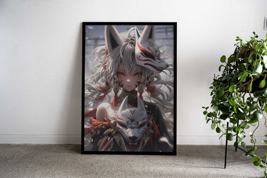 Anime Fox Masked Neko Girl Asian Style Poster | Wall Art for Home & Office | High-Quality Print Premium Vinyl Skin Decal