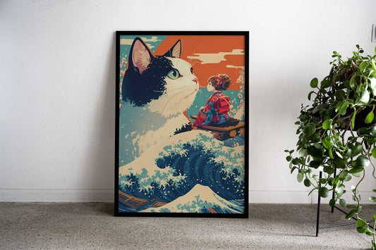 Anime Girl And The Sea Cat Asian Style Poster | Wall Art for Home & Office | High-Quality Print Premium Vinyl Skin Decal